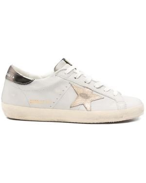 Golden Goose Super-Star Trainers With Crackle Leather Star And Metallic Foiled Leather Heels Tab - White