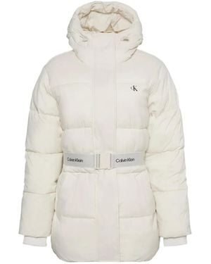 Calvin Klein Belted Hooded Puffer Jacket - White