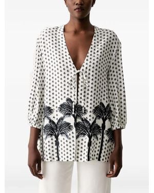 Marc O' Polo Palm-Print Front-Tie Open Tunic - White