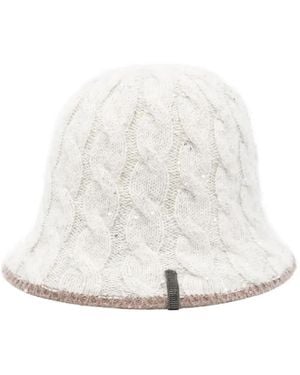Brunello Cucinelli Cable-Knit Sequined Bucket Hat - White