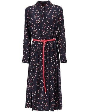 Max Mara Floral Belted Silk Dress - Blue
