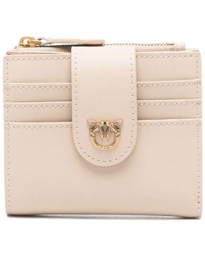 Pinko Small Smooth Leather Wallet With Logo - Natural