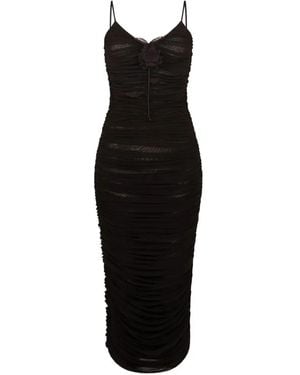 David Koma Lace Rose Embroidered Ruched Midi Dress - Black