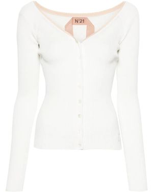 N°21 Picot-Trim Fine-Ribbed Cardigan - White