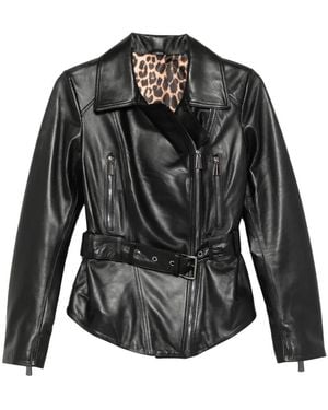 ADRIANNA FERETTI Belted Leather Biker Jacket - Black
