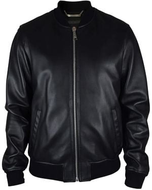 Philipp Plein Leather Multicolour Graphic Bomber Jacket - Black