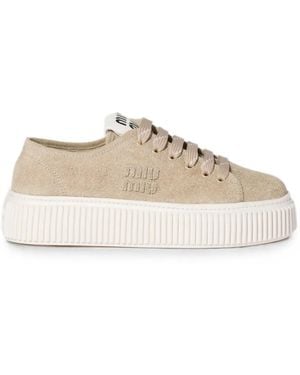 Miu Miu Denim Trainers With Logo - White