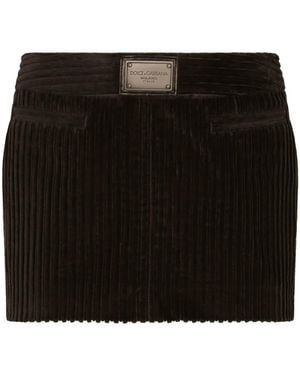 Dolce & Gabbana Ribbed Velvet Cotton Miniskirt With Front Logo Plaque - Black