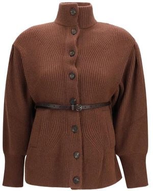 Brunello Cucinelli Cardigan Ceinturé À Design Côtelé - Marron