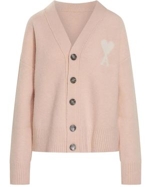 Ami Paris Heart-Logo Button Cardigan - Pink