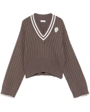 Brunello Cucinelli Pull En Maille Torsadée À Col V - Marron