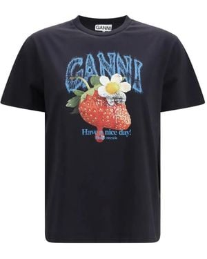Ganni Strawberry-Print Cotton T-Shirt - Blue
