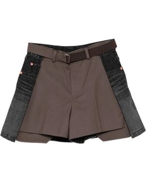 Sacai Hybrid Denim-Panel Shorts - Brown