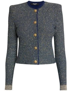 Balmain Sequin-Embellished Metallic-Knit Cardigan - Blue