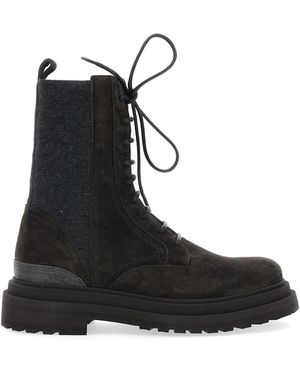 Brunello Cucinelli Lace-Up Monili-Embellished Boots - Black