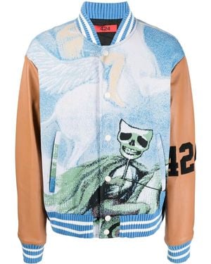 424 Jacquard-Print Leather-Sleeve Bomber Jacket - Blue