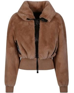 Pinko Croc-Effect Trim Faux-Fur Jacket - Brown