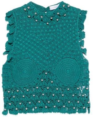 Rabanne Crochet-Knit Sphere-Embellished Top - Green