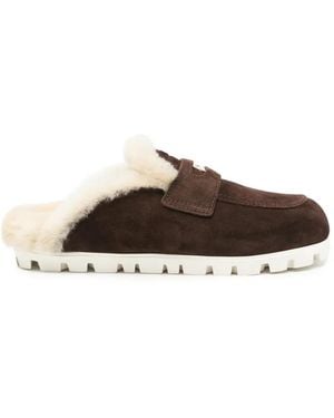 Miu Miu Shearling-Lined Suede Flat Mules - Brown