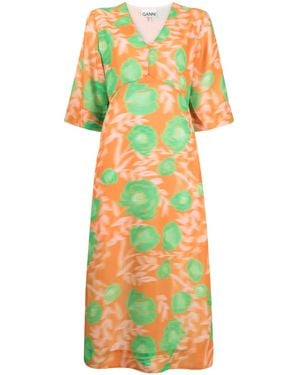 Ganni Floral-Print Midi Dress - Orange