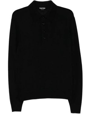 Tom Ford Wool Knit Long-Sleeved Polo Shirt With Ribbed Trims - Black