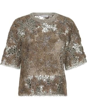 Brunello Cucinelli Whispering Bloom Embroidery Knit T-Shirt - Gray