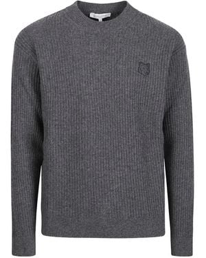 Maison Kitsuné Ribbed-Knit Logo-Patch Sweater - Gray
