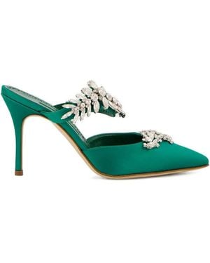 Manolo Blahnik 90Mm Crystal-Embellished Satin Mules - Green