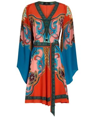 Etro Placed-Print Belted Mini Dress - Orange