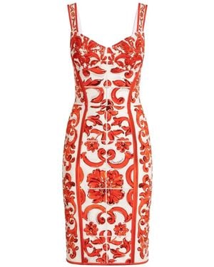 Dolce & Gabbana Kurzes Kleid Aus Charmeuse Mit Majolika-Print - Rot