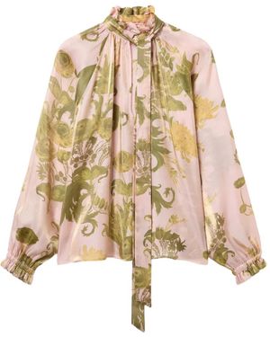 La DoubleJ Floral-Print Tie-Neck Blouse - Metallic