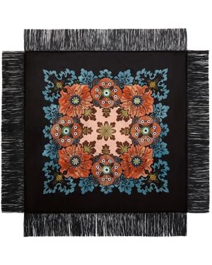 La DoubleJ Reversible Floral-Print Fringe Scarf - Black