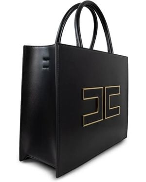 Elisabetta Franchi Logo-Plaque Leather Tote Bag - Black
