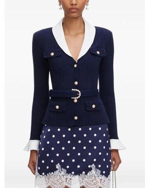 Self-Portrait Belted Ribbed-Knit Cardigan - Blue