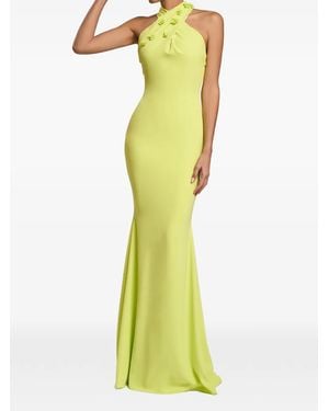 Cristallini Valentina Floral-Appliqué Halterneck Gown - Yellow