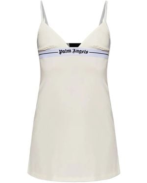 Palm Angels Logo-Print Spaghetti-Strap Slip Mini Dress - White