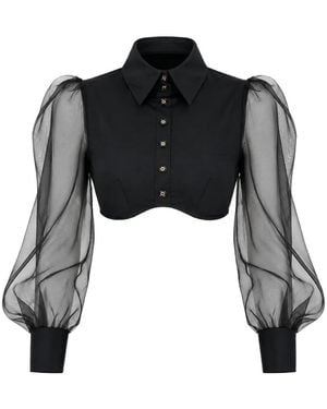 Elisabetta Franchi Organza-Sleeve Cropped Shirt - Black