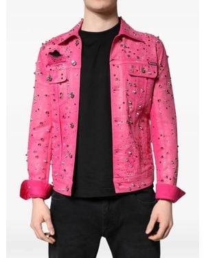 Dolce & Gabbana Crystal-Embellished Studded Denim Jacket - Pink
