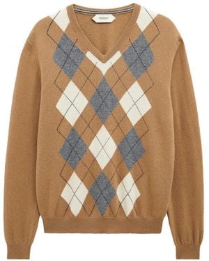 Pringle of Scotland V-Neck Argyle-Pattern Jumper - Natural