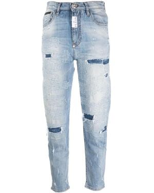 Philipp Plein Vaqueros Mom Con Efecto Desgastado - Azul