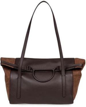 Borbonese Medium Shopping Logo-Plaque Pebbled-Effect Tote Bag - Brown