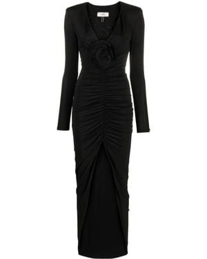 Nissa Floral-Appliqué Ruched Maxi Dress - Black