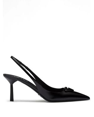 Prada Brand-plaque Slingback Heeled Brushed-leather Court Shoes - Black