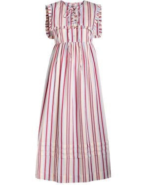 Damson Madder Josephine Ruffled-Sleeve Striped Midi Dress - Purple