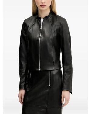HUGO Zip-Front Paneled Leather Jacket - Black