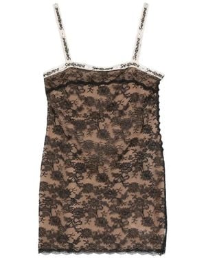 Saint Laurent Lace-Overlay Logo-Strap Mini Dress - Brown