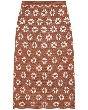 Calle Del Mar Floral-Crochet Straight Midi Skirt - Brown