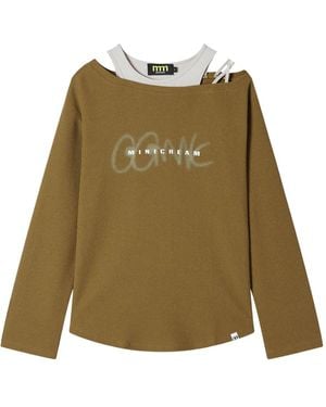 Mini Cream Waffle-Knit Off-Shoulder Top - Green
