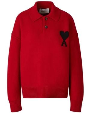 Ami Paris Ami De Coeur Felted Polo Sweater - Red