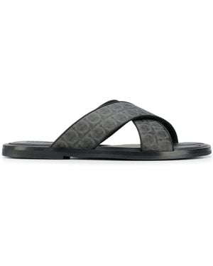 Ferragamo Gancini Leather Pool Slides - Grey